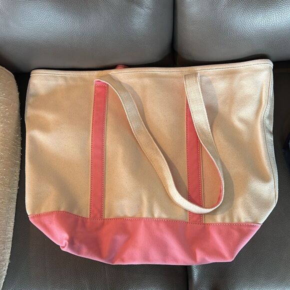 Land's End Large Zippered Canvas Tote pockets Pink Trim initials Pai Long Handle - Picture 5 of 10